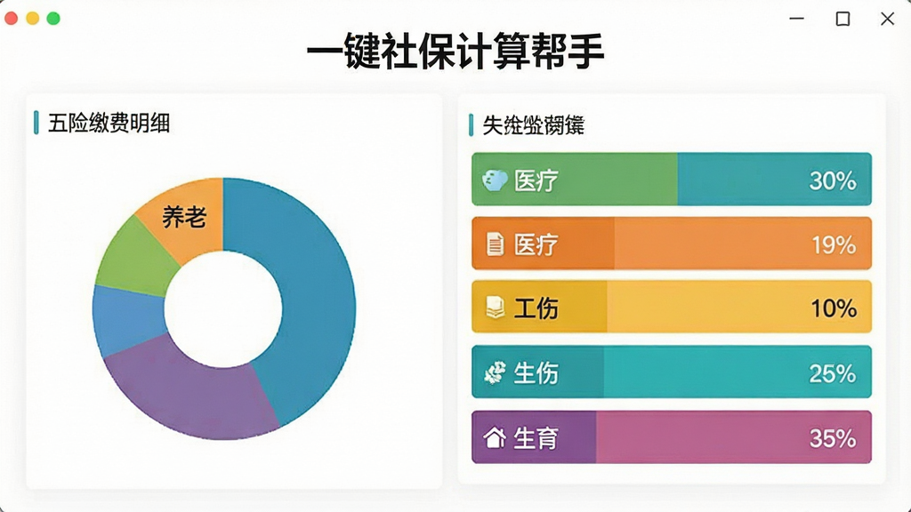 一张信息图表风格的图片,画面中央展示“一键社保计算帮手”软件界面,界面中五险缴费明细以饼状图和列表形式呈现,养老、医疗、失业、工伤、生育各项数据用不同颜色区分,背景为纯白色,风格专业简洁,画质清晰,干净无多余元素