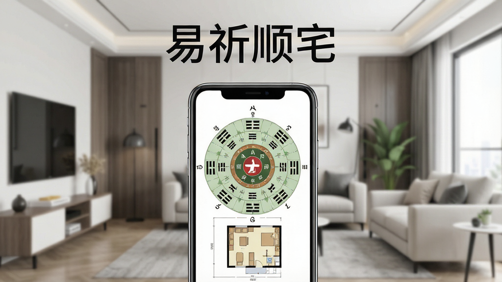一张展示易祈顺宅软件主界面的场景图,画面中央是手机屏幕显示风水罗盘与八宅方位图,背景为现代家居客厅布局,主体清晰突出,布局采用中心构图,排版上方为软件名称“易祈顺宅”字样,风格为简约扁平化设计,细节包含罗盘刻度、八卦符号、房屋平面简图,画质高清,干净,无多余元素