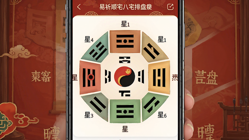 一张展示易祈顺宅八宅排盘功能的界面图,画面主体为手机屏幕显示八卦九宫格与各方位星曜名称,布局采用九宫格分布,排版清晰展示八个方位对应的吉凶星,风格为传统中式配色搭配现代UI,细节包含八卦符号、方位文字标注、吉凶颜色区分,画质高清,干净,无多余元素