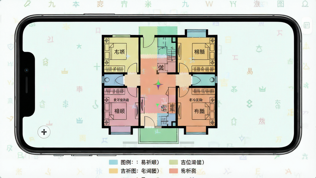 一张展示易祈顺宅户型图方位标注功能的界面图,画面主体为手机屏幕显示简笔户型图与彩色方位区块叠加,布局为户型图居中、图例在下方,排版展示各房间与九星方位的对应关系,风格为清新浅色系UI,细节包含门位标记、房间名称、吉凶色块,画质高清,干净,无多余元素