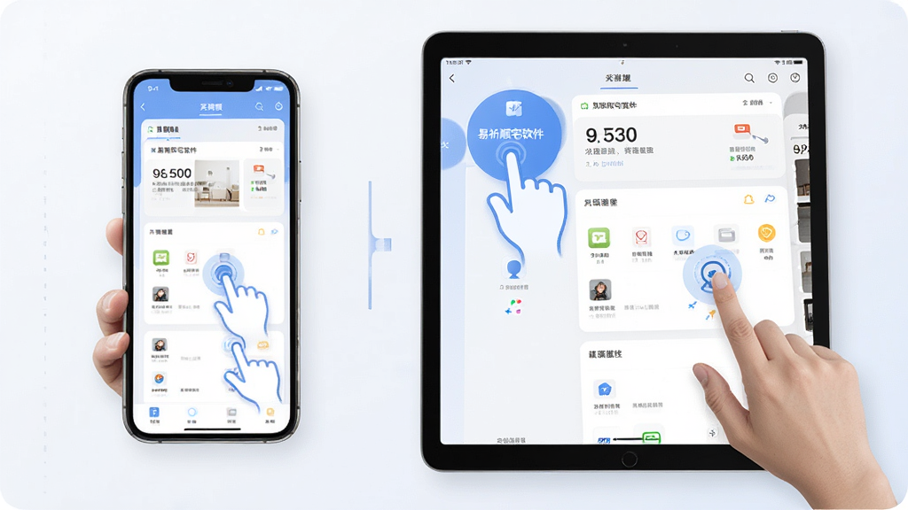 一张展示易祈顺宅软件在手机与平板设备上同步使用的场景图,画面主体为手机和平板并排显示软件界面,布局为左右对比展示,排版突出移动端适配效果,风格为现代科技感浅色背景,细节包含设备边框、屏幕内容、手势操作示意,画质高清,干净,无多余元素