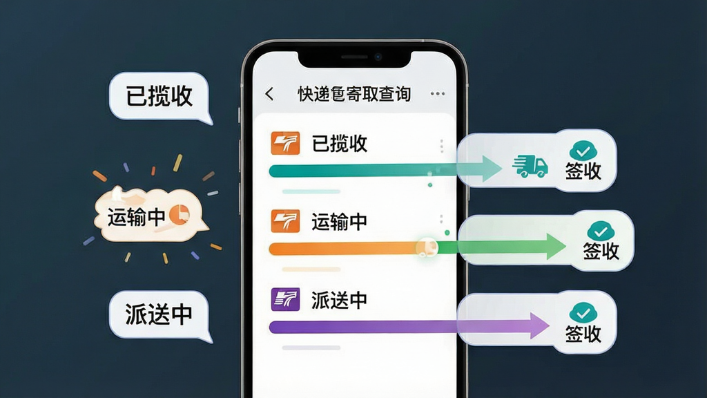 一张展示“快递包裹寄取查询”功能的示意图,画面中央是一部智能手机,屏幕内显示着多条不同颜色的物流进度条并列排布,每条进度条上方标注着不同的快递公司Logo,手机周围漂浮着“已揽收”“运输中”“派送中”的文字气泡,布局为横向排列,风格为现代UI设计,细节上进度条末端有箭头指向“签收”图标,画质清晰,干净,无多余元素