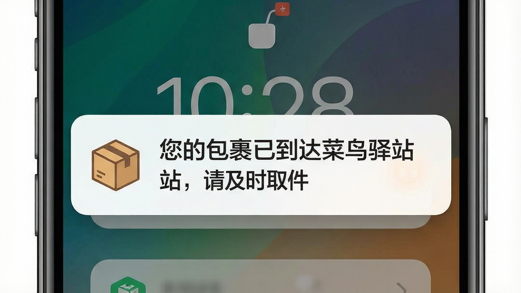 一张展示“快递包裹寄取查询”消息推送界面的图片,画面为手机锁屏界面,屏幕中央弹出一条醒目的通知卡片,卡片上写着“您的包裹已到达菜鸟驿站,请及时取件”,卡片左侧有一个快递盒图标,布局为居中显示,风格为极简扁平化,细节上通知卡片带有轻微的阴影和圆角,画质清晰,干净,无多余元素