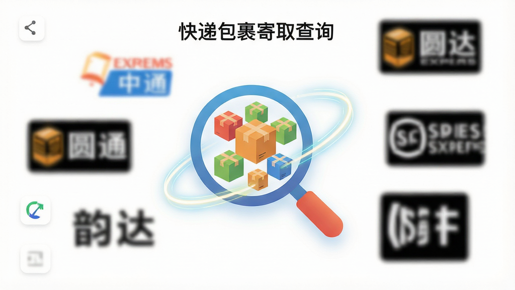 一款名为“快递包裹寄取查询”的手机应用界面,主体是一个干净的白色背景,中央悬浮着一个由多个彩色快递盒图标汇聚而成的放大镜图案,周围环绕着“中通”“圆通”“韵达”“顺丰”等模糊的物流标识,布局简洁居中,排版清晰直观,风格为扁平化科技感,细节上快递盒带有发光轨迹线条,画质高清,干净,无多余元素