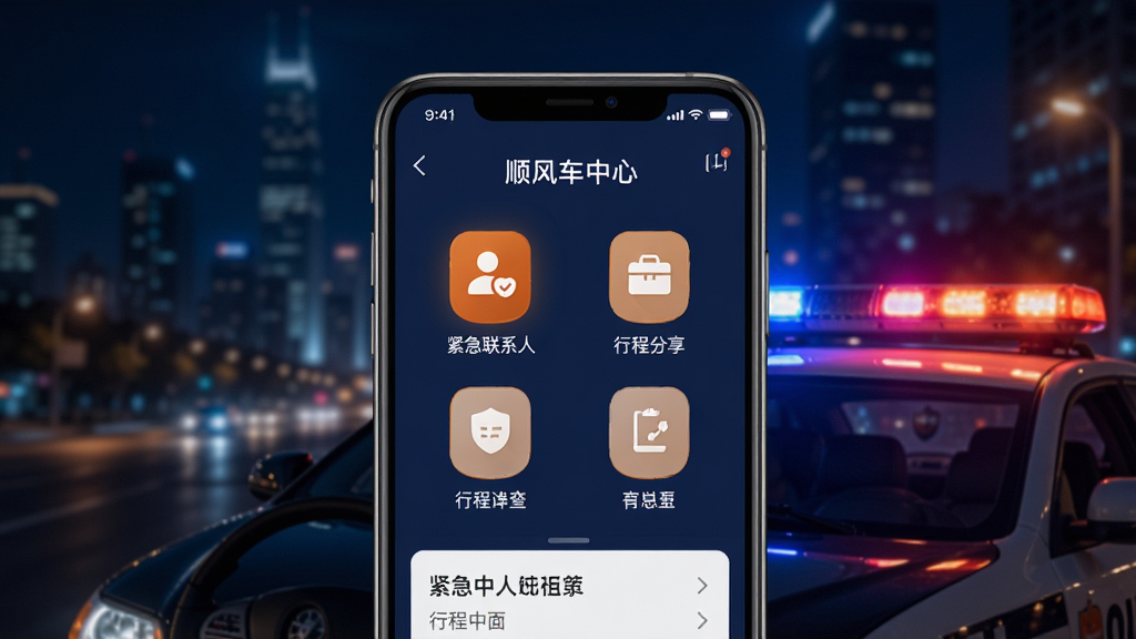 一幅展示顺风车司机接单软件安全出行保障功能的宣传图,画面中央是手机屏幕,屏幕上显示着顺风车司机接单的安全中心界面,有紧急联系人、行程分享等图标,背景是城市夜景与警灯闪烁的元素,整体风格稳重安心,色彩以深蓝色和橙色为主,画质清晰,干净,无多余元素