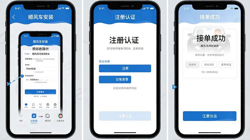 一幅展示顺风车司机接单软件新手操作步骤的示意图,画面分为三个部分,左侧是手机下载安装界面,中间是注册认证界面,右侧是接单成功界面,背景是简洁的浅灰色,整体风格清晰易懂,色彩以蓝色和白色为主,画质清晰,干净,无多余元素