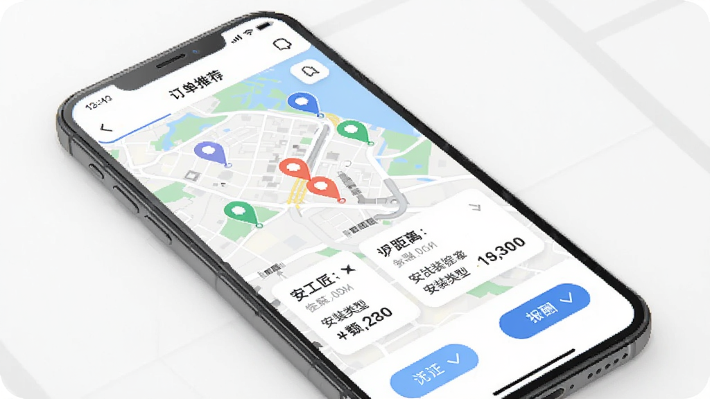 安工匠App订单推荐界面,手机屏幕显示地图与订单卡片,地图上有多个定位标记点,订单卡片展示距离、安装类型、报酬金额,周围有简洁的筛选按钮,风格为现代扁平化设计,画面干净明亮,画质高清