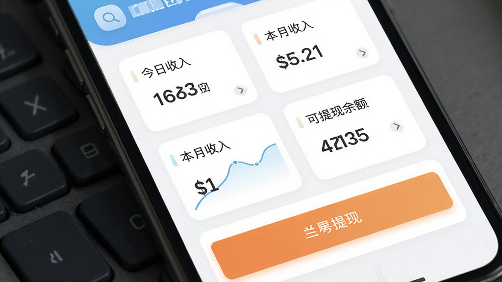 安工匠App收入管理界面,手机屏幕显示收入统计图表与提现按钮,页面包含今日收入、本月收入、可提现余额等数据卡片,风格为清爽的浅色系设计,布局整齐,画质清晰干净