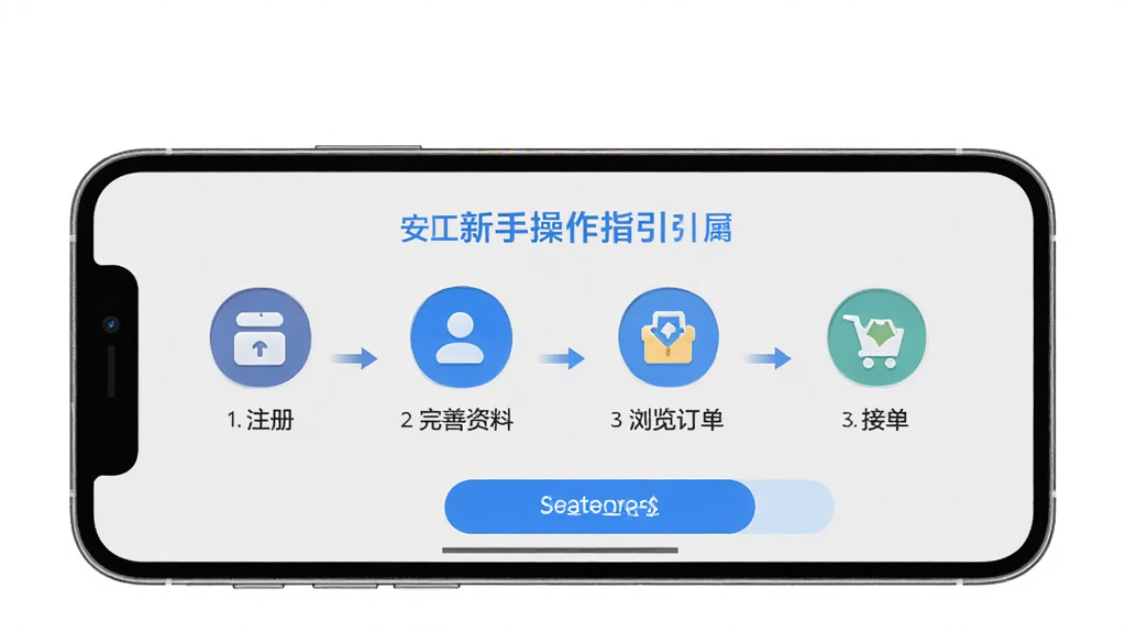 安工匠App新手操作指引界面,手机屏幕显示步骤引导页面,包含注册、完善资料、浏览订单、接单等步骤图标,背景为浅灰色与蓝色搭配,风格为简洁教程类设计,画质清晰干净