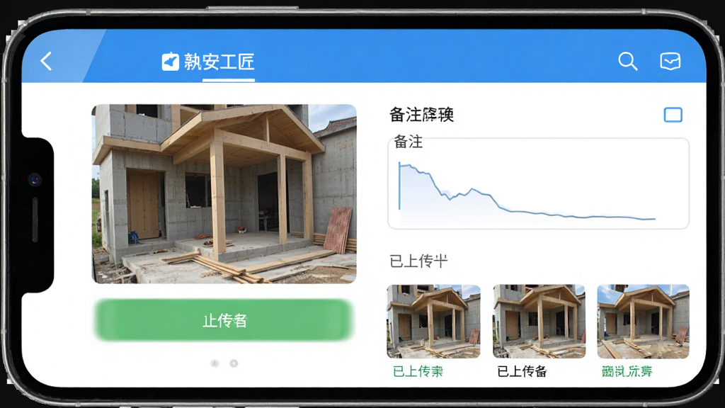安工匠App施工记录上传界面,手机屏幕显示照片上传区域与备注输入框,页面包含已上传的施工照片缩略图,风格为简洁工具类App设计,画面干净,画质高清