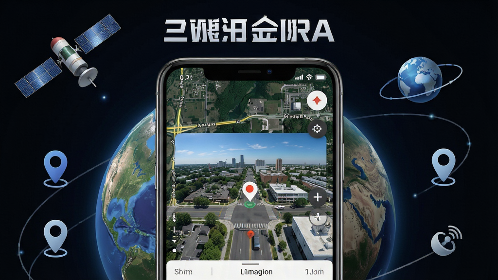 主体为一部智能手机,屏幕中显示天眼全景卫星导航应用界面,界面中央是高清卫星地图与全景街景画面,布局为手机居中展示,周围环绕卫星、地球、定位图标等元素,排版采用上下结构上方为应用名称文字,风格为科技感写实风,细节包括地图纹理、道路线条、定位标记清晰可见,画质为4K高清,干净,无多余元素