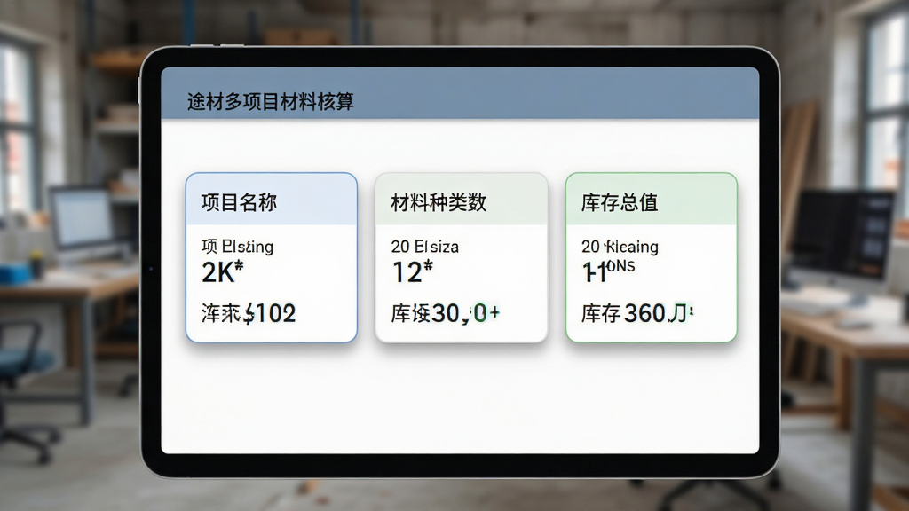 途材多项目材料核算界面,主体为平板电脑屏幕,屏幕内展示三个项目卡片并排排列,每个卡片显示项目名称、材料种类数、库存总值,布局为平板横向放置,背景为模糊的工地办公室场景,排版强调卡片层次分明,风格为清爽扁平化设计,细节上卡片带有轻微阴影和圆角,数字字体清晰,画质2K高清,干净无多余元素
