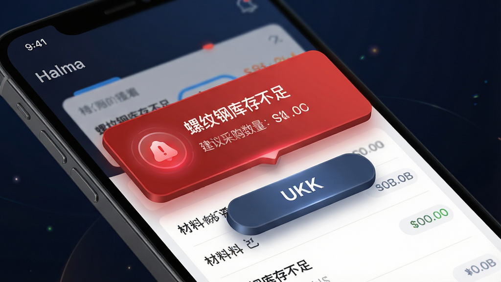 途材库存预警与智能补货功能界面,主体为手机屏幕特写,屏幕内弹出红色预警通知卡片,卡片上显示“螺纹钢库存不足”及建议采购数量,下方为材料列表,布局为手机倾斜展示,背景为深色渐变,排版突出预警卡片,风格为科技感UI设计,细节上通知图标带有脉冲光效,按钮立体感强,画质4K超清,干净无多余元素