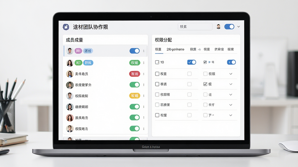 途材团队协作权限管理界面,主体为笔记本电脑屏幕,屏幕内显示成员列表和权限勾选矩阵,布局为电脑正面视角,背景为简洁办公桌,排版清晰展示权限分配,风格为现代企业级管理软件界面,细节上角色标签颜色区分明显,开关按钮精致,画质2K高清,干净无多余元素