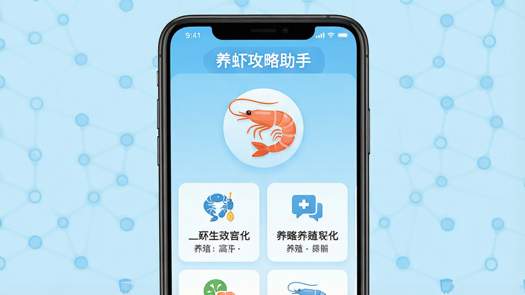 一张展示智能手机屏幕的图片,屏幕中央显示“养虾攻略助手”软件的主界面,界面中有虾类图标和养殖知识分类卡片,背景是干净的浅蓝色渐变,布局为居中对称,风格为扁平化科技感,细节包括清晰的图标和文字排版,画质为高清干净无多余元素