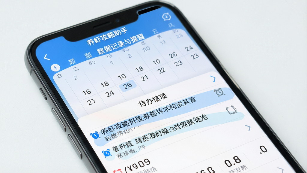 一张展示“养虾攻略助手”数据记录与提醒界面的图片,主体为手机屏幕,屏幕中显示日历视图和待办事项列表,部分事项带有闹钟图标,布局为上下分区,风格为清爽工具风,细节包括蓝色高亮和简洁的数字排版,画质高清干净无多余元素