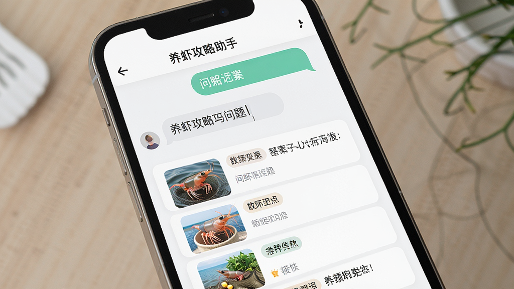一张展示“养虾攻略助手”智能问答界面的图片,主体为手机屏幕,屏幕中显示用户输入问题后出现的多条图文并茂的答案卡片,布局为上下排列,风格为现代简约,细节包括清晰的对话气泡和分类标签,画质高清干净无多余元素