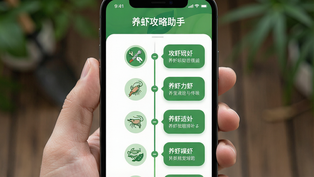 一张展示“养虾攻略助手”知识库页面的图片,主体为手机屏幕,屏幕中显示以时间轴形式排列的养虾流程节点,每个节点配有图标和简短文字,布局为纵向列表,风格为清新自然,细节包括绿色主色调和圆角卡片,画质高清干净无多余元素