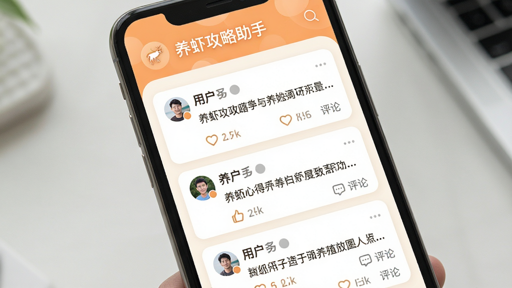 一张展示“养虾攻略助手”社区互动页面的图片,主体为手机屏幕,屏幕中显示多条用户发布的养殖心得帖子,配有头像、点赞和评论图标,布局为瀑布流卡片,风格为温暖社交风,细节包括柔和的橙色点缀和清晰的文字层级,画质高清干净无多余元素