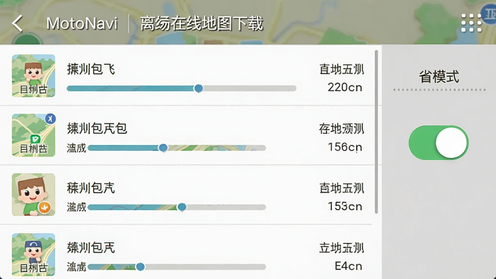 MotoNavi离线地图下载与省电模式界面,屏幕显示地图包列表与下载进度,右侧有省电模式开关,布局为列表与开关组合,排版规整,风格实用工具,细节包含省份名称与存储占用,画质高清,干净,无多余元素