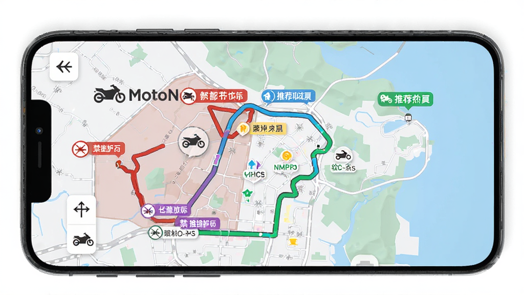 MotoNavi智能路线规划功能界面,地图上显示多条彩色路线,标注禁摩区域与推荐路径,布局为手机屏幕竖版,排版突出路线对比,风格简洁现代,细节包含摩托车图标与路况标签,画质高清,干净,无多余元素