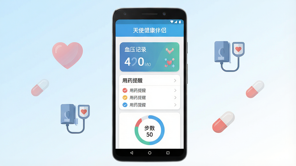 画面中央放置一部安卓手机,手机屏幕内显示“天使健康伴侣”应用主界面,界面包含血压记录卡片、用药提醒列表和步数统计圆环;手机两侧漂浮着半透明的爱心、血压计图标和药丸图标;背景为柔和的浅蓝到白色渐变;整体风格简洁明快,扁平化设计;画质清晰,干净,无多余元素