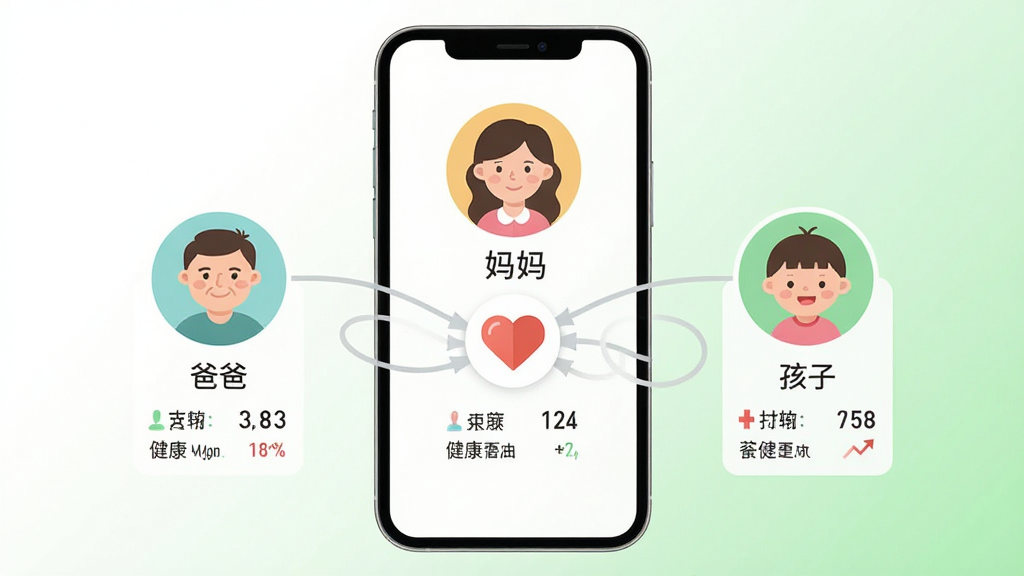 画面展示一部手机屏幕内排列着三个圆形头像,分别标注“爸爸”“妈妈”“孩子”,每个头像下方有简单的健康数据摘要;手机周围环绕着连接线将三个头像连向中心的一个爱心图标;背景为干净的白色到浅绿色渐变;风格清新扁平,信息图式排版;画质清晰,干净,无多余元素