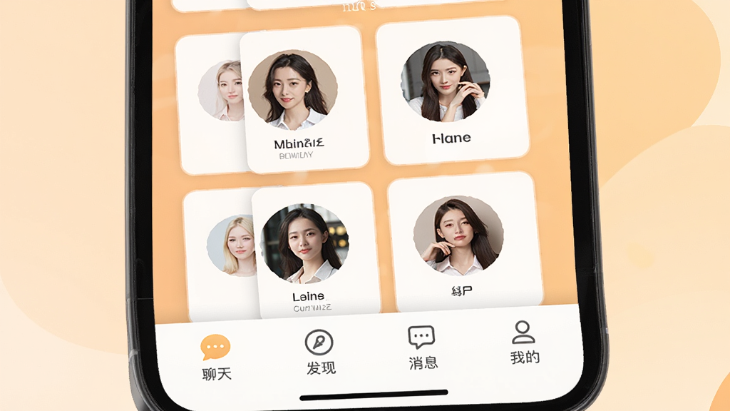 手机屏幕中展示速缘同城约会软件主界面,画面中央是多个同城用户头像卡片以网格排列,底部有聊天、发现、消息、我的四个导航按钮,背景为柔和的暖色调渐变,界面干净清爽,风格现代简约,细节清晰,画质高清,无多余元素