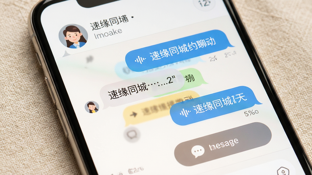 速缘同城约会聊天界面特写,屏幕中显示对话气泡与语音消息按钮,顶部有用户头像和昵称,背景为浅色纹理,风格温馨友好,细节精致,画质高清,无多余装饰