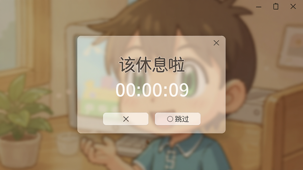 小智护眼宝软件弹出休息提醒窗口,屏幕中央显示“该休息啦”字样,配有倒计时数字,背景半透明模糊,风格温馨,布局居中,细节包含关闭按钮和跳过按钮,画质清晰,干净无多余元素