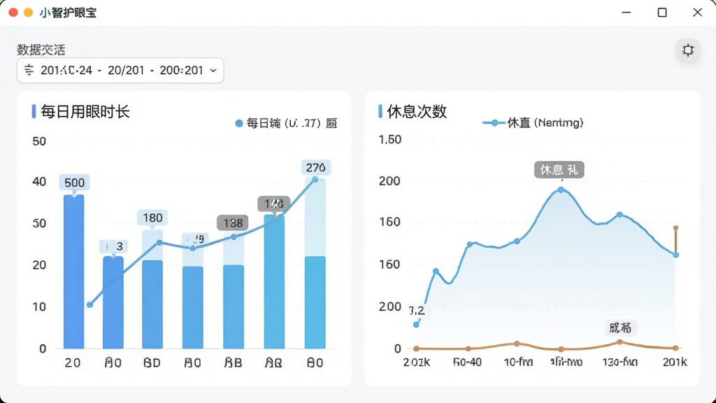小智护眼宝软件的数据统计页面,展示柱状图和折线图,分别表示每日用眼时长和休息次数,界面清爽,布局合理,风格现代,细节包含日期选择器和数据标签,画质清晰,干净无多余元素