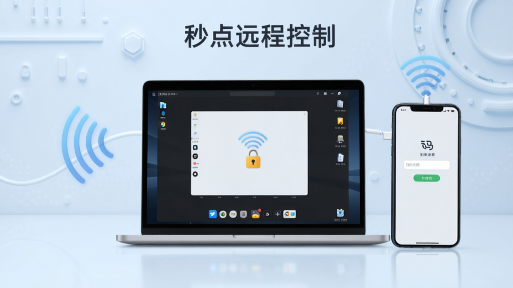 画面中央展示一台笔记本电脑与一部智能手机通过无线信号相连,笔记本屏幕显示远程桌面控制界面,手机屏幕显示连接码输入框,背景为简洁的浅蓝色科技风格,布局左右对称,排版清晰,风格现代简约,细节包含信号波纹图标与安全锁标识,画质高清,干净无多余元素,图片中文字标注“秒点远程控制”