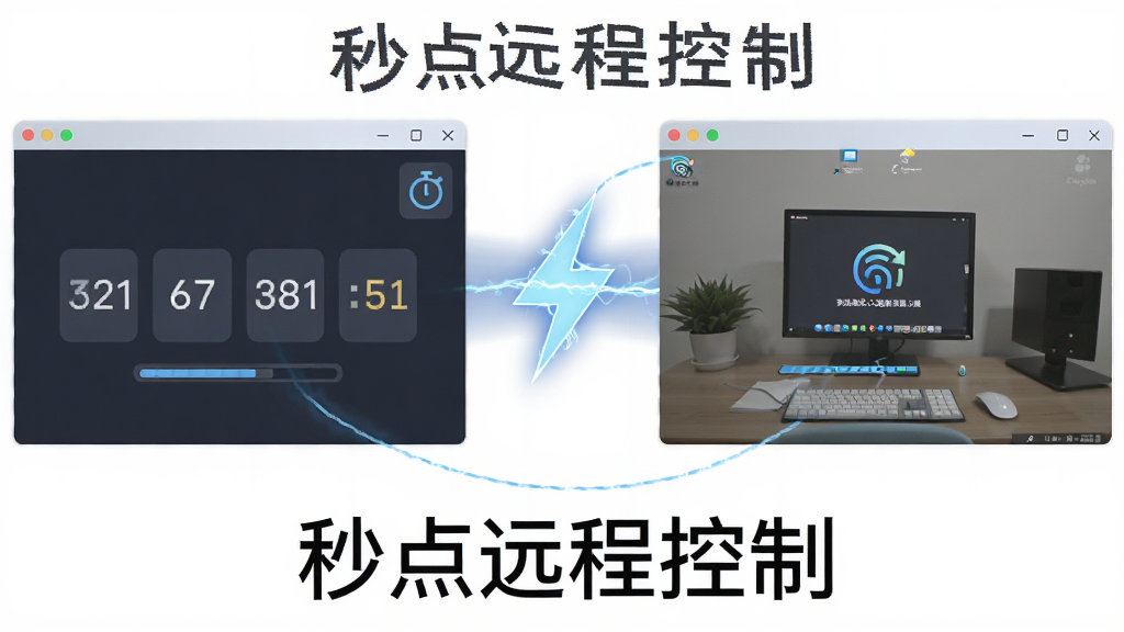 画面主体为两个悬浮的窗口界面,左侧窗口显示六位数字连接码,右侧窗口显示正在加载的远程桌面画面,中间用一道闪电形状的光束连接,布局为左右对照,排版居中,风格为扁平化科技感,细节包含计时器图标与进度条,画质清晰,干净无多余元素,图片中文字标注“秒点远程控制”