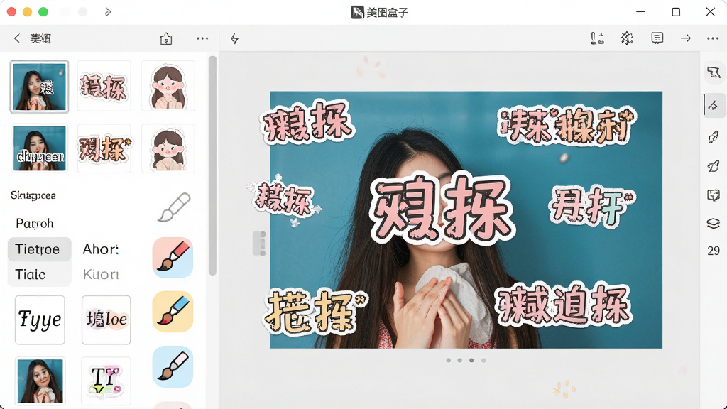 一张展示美图盒子贴纸和文字编辑功能的界面图片,画面中软件窗口内显示一张照片上添加了多个贴纸和艺术文字,左侧为素材库面板,右侧为编辑预览区,布局为左右结构,风格为活泼可爱风,细节包括贴纸缩略图、文字样式选项和涂鸦笔刷图标,画质高清,画面干净,无多余元素