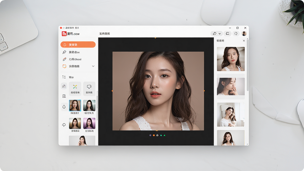 一张展示美图盒子软件主界面的全景图,画面中央是软件操作窗口,左侧为功能导航栏,右侧为图片编辑预览区,窗口内展示一张正在美化的人像照片,背景为干净的浅灰色桌面,整体布局清晰整齐,风格为现代简约科技风,细节包括工具栏图标和滤镜缩略图,画质高清,画面干净,无多余元素