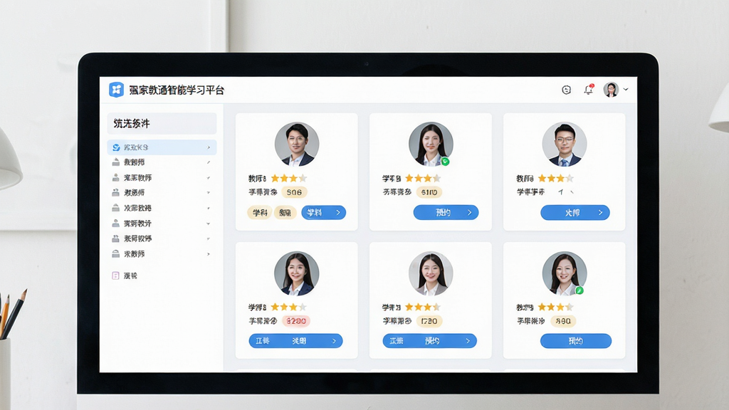 请生成一张家教通智能学习平台的智能匹配功能界面图,画面主体为电脑屏幕中显示的教师列表页面,布局为左侧筛选条件栏、右侧教师卡片列表,排版整齐清晰,风格为清新浅色商务风,细节包括教师头像、评分星级、学科标签、预约按钮等元素,画质清晰,干净,无多余元素