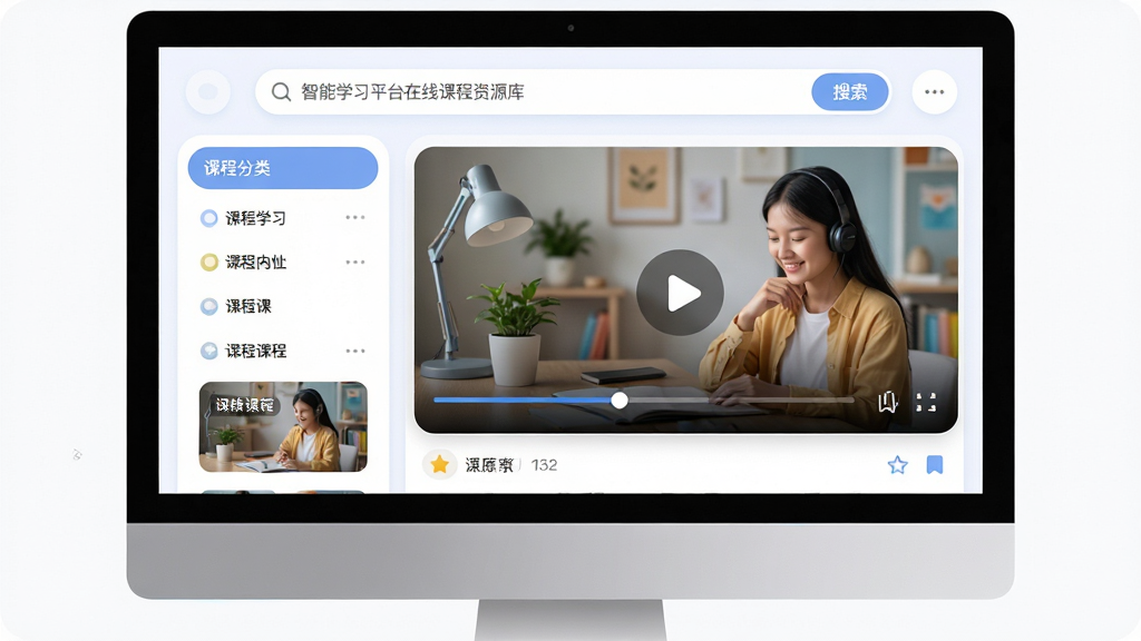 请生成一张家教通智能学习平台的在线课程资源库界面图,画面主体为电脑屏幕中显示的课程列表与视频播放区域,布局为上方搜索栏、左侧课程分类、右侧视频播放窗口,排版清晰合理,风格为柔和圆角现代风,细节包括课程缩略图、播放按钮、进度条、收藏图标等元素,画质清晰,干净,无多余元素