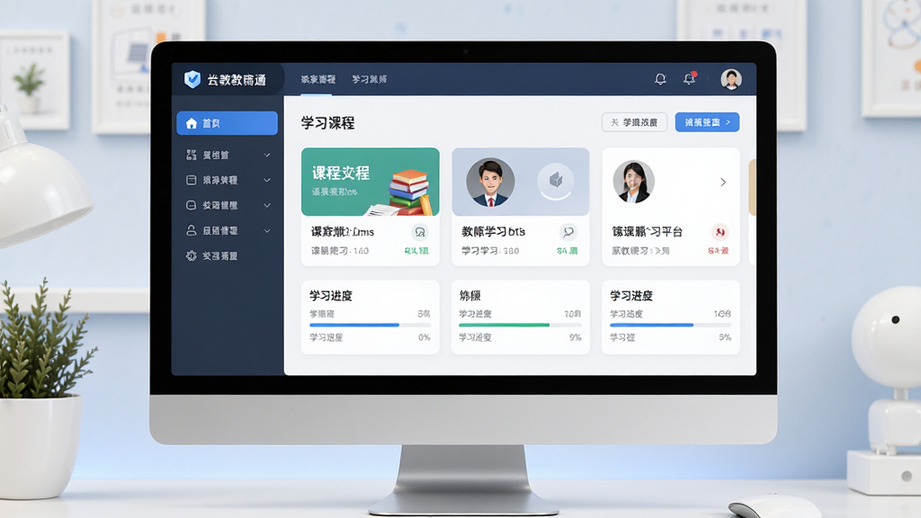 请生成一张家教通智能学习平台的软件界面展示图,画面主体为电脑屏幕中打开的软件主界面,布局为上方导航栏、左侧功能菜单、中央学习内容展示区,排版整洁有序,风格为现代简约科技风,细节包括课程卡片、教师头像、学习进度条等元素,画质清晰,干净,无多余元素