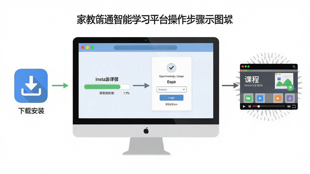 请生成一张家教通智能学习平台的操作步骤示意图,画面主体为电脑屏幕中展示从下载安装到课程学习的完整流程,布局为横向流程图形式,排版清晰直观,风格为扁平化设计风,细节包括下载图标、安装进度条、登录界面、课程播放页面等元素,画质清晰,干净,无多余元素