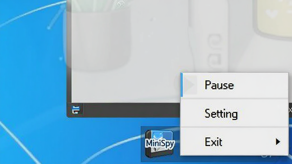 一张展示MiniSpy在Windows系统托盘中运行状态的示意图,画面右下角显示MiniSpy图标与右键菜单选项,包括暂停、设置、退出,风格简洁,细节包括托盘区域与菜单文字,画质清晰,干净,无多余元素