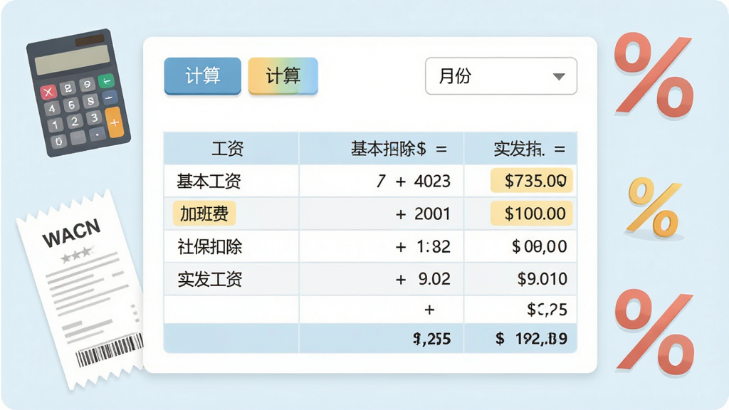 里诺人事工资软件工资核算界面,画面中央为一张工资明细表,列包含基本工资、加班费、社保扣除、实发工资等,表格上方有计算按钮和月份选择器,周围环绕计算器、工资条和百分比符号元素,布局为上下结构排版,风格为清爽浅色扁平化,细节包含数字高亮、公式图标和汇总行,画质清晰干净,无多余元素