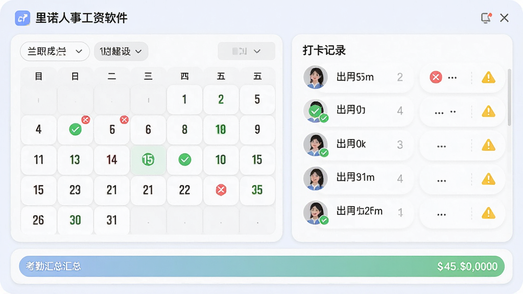 里诺人事工资软件考勤管理界面,画面主体为考勤日历和打卡记录列表,左侧显示月份选择,右侧显示员工每日出勤状态图标,底部有考勤汇总条,布局为上下分栏排版,风格为柔和圆角商务,细节包含绿色对勾、红色叉号和黄色警告标识,画质清晰干净,无多余元素