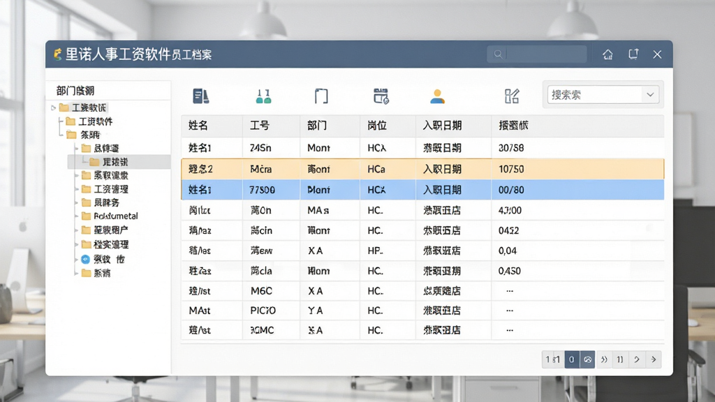 里诺人事工资软件员工档案管理界面,画面主体为一张整齐的员工信息表格,表头包含姓名、工号、部门、岗位、入职日期等字段,左侧有部门树形导航,右侧有搜索筛选框,背景为浅灰色办公环境,布局为左右分栏排版,风格为现代简约商务,细节包含高亮选中行、图标按钮和分页控件,画质清晰干净,无多余元素