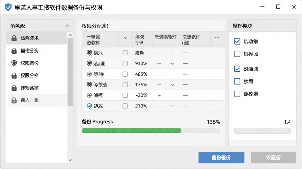 里诺人事工资软件数据备份与权限设置界面,画面主体为权限分配表格和备份进度条,左侧显示角色列表,右侧显示模块勾选权限,底部有备份按钮和恢复按钮,布局为左右分栏排版,风格为浅灰质感商务,细节包含锁形图标、盾牌标识和进度百分比,画质清晰干净,无多余元素