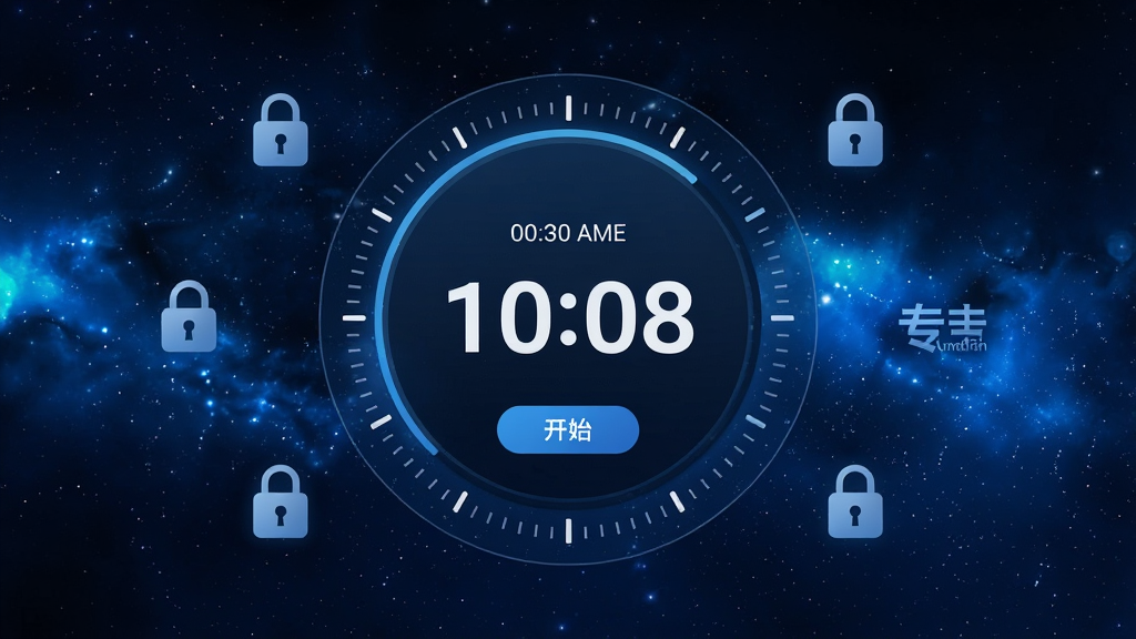 远离手机锁机功能界面展示,画面中央是一个醒目的倒计时圆形表盘,周围环绕着锁形图标与专注文字,背景为深蓝色星空渐变,风格科技感十足,细节包括时间刻度、开始按钮,画质高清干净,无多余元素