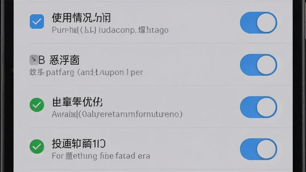 远离手机权限设置引导页面截图,画面展示手机屏幕中多个权限开关按钮,包括使用情况访问、悬浮窗、电池优化等,背景为浅灰色,风格简洁明了,细节包括勾选状态图标、说明文字,画质高清干净,无多余元素