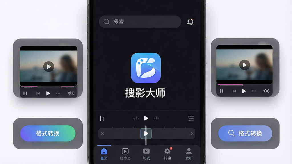 一款名为搜影大师的手机视频编辑软件界面展示,主体为深色主题的应用主界面,中央放置软件图标与名称“搜影大师”,周围环绕搜索框、视频播放窗口、剪辑时间轴、格式转换按钮等核心功能模块,布局采用上下结构,上方为搜索栏,中部为视频预览区,下方为功能导航栏,排版整齐清晰,风格为现代科技感UI设计,细节包括圆角图标、渐变按钮、半透明背景,画质高清,画面干净,无多余元素