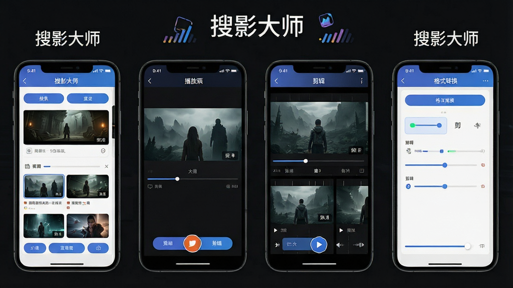 搜影大师软件功能展示图,画面主体为多部手机并排展示软件不同功能页面,从左到右依次为搜索页面、播放页面、剪辑页面、格式转换页面,屏幕上方统一显示“搜影大师”名称,布局采用横向排列,排版整齐,风格为清爽简约的科技风,细节包括各页面功能按钮、进度条、预览缩略图,画质高清,画面干净,无多余元素