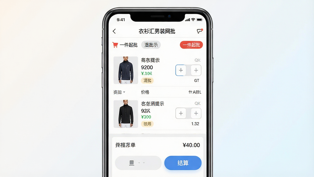 一张展示手机购物车和批发下单界面的图片,画面主体为一部手机屏幕显示