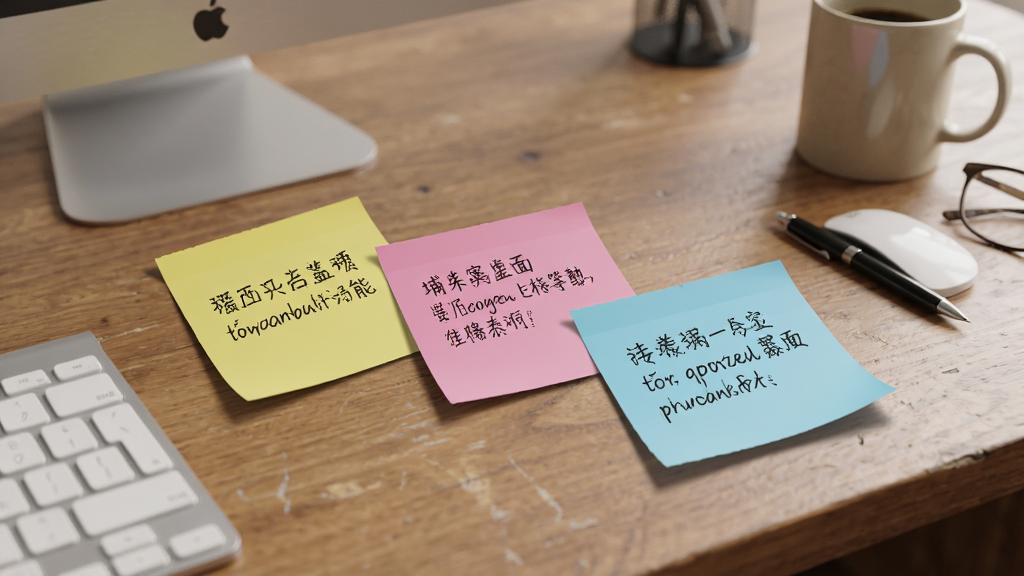 小白书桌桌面便签功能示意图,电脑桌面上散落着三张彩色便签纸,分别为黄色、粉色、蓝色,每张便签上写有简短的学习笔记文字,便签边缘有轻微阴影效果,整体风格真实自然,画质清晰